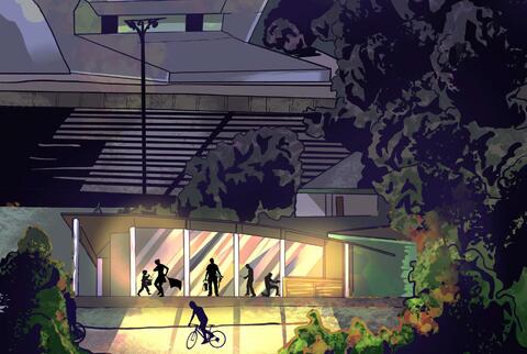 Bâtiment illuminé en soirée