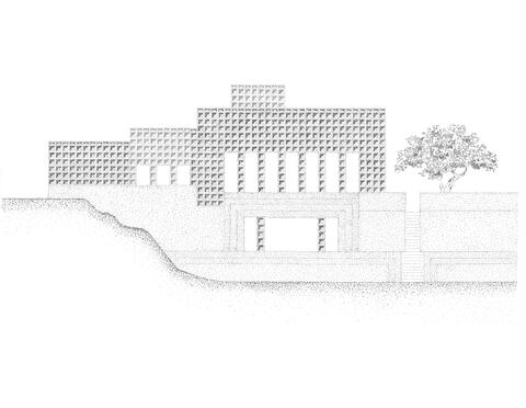  Redessin graphique du bloc textile - Élévation, maison Millard (Californie, 1924) - Encre sur papier 50x65cm